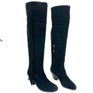 Sam Edelman Louella Black Over-The-Knee Boot Sz 8.5 Suede Fringes Fold-Over OTK